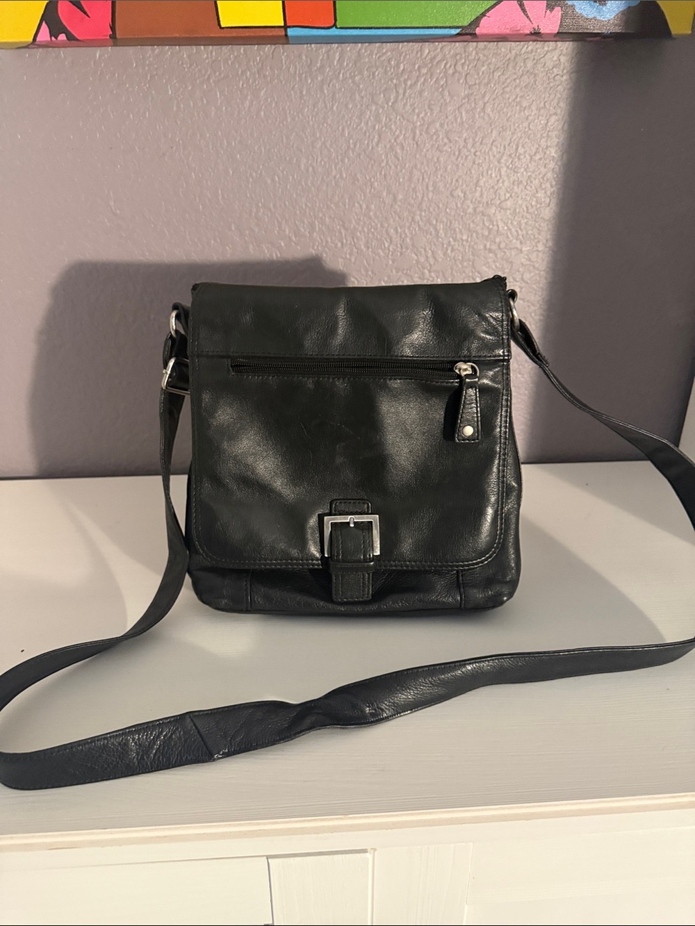 Audrey Brooke Black Leather Crossbody Bag with Buckle Accent